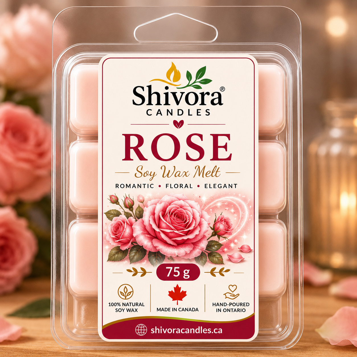 Rose Soy Wax Melt 75 g hand-poured in Canada with Turkish rose, peach nectar, vanilla orchid and musk fragrance